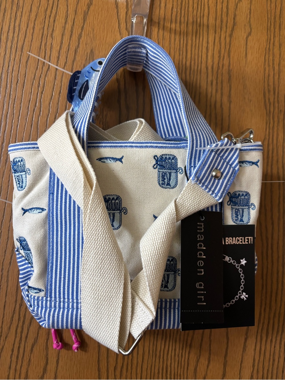Madden Girl Cream Canvas Tote with Blue Striped Trim and Sardines!!! - Picture 2 of 5